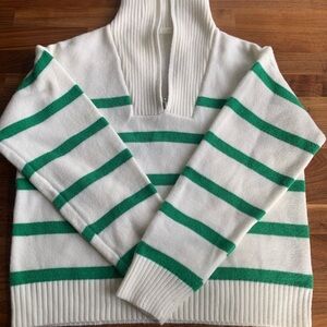 Preppy Like New Cozy White and Green Striped Sweater